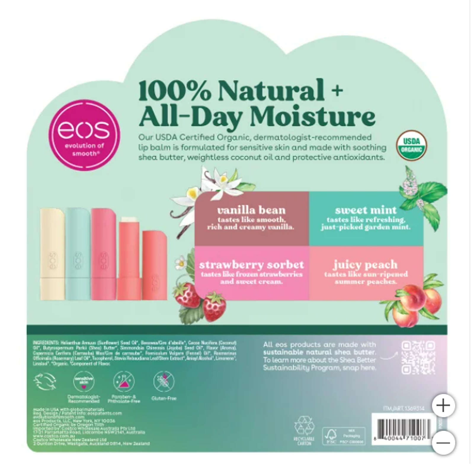  Lip Balm Organic 4 Gm Sensitive - Vanilla Beans/Sweet/Mint/Strawberry Sorbet/Juicy Peach/Chamomile Eos 9 Pcs