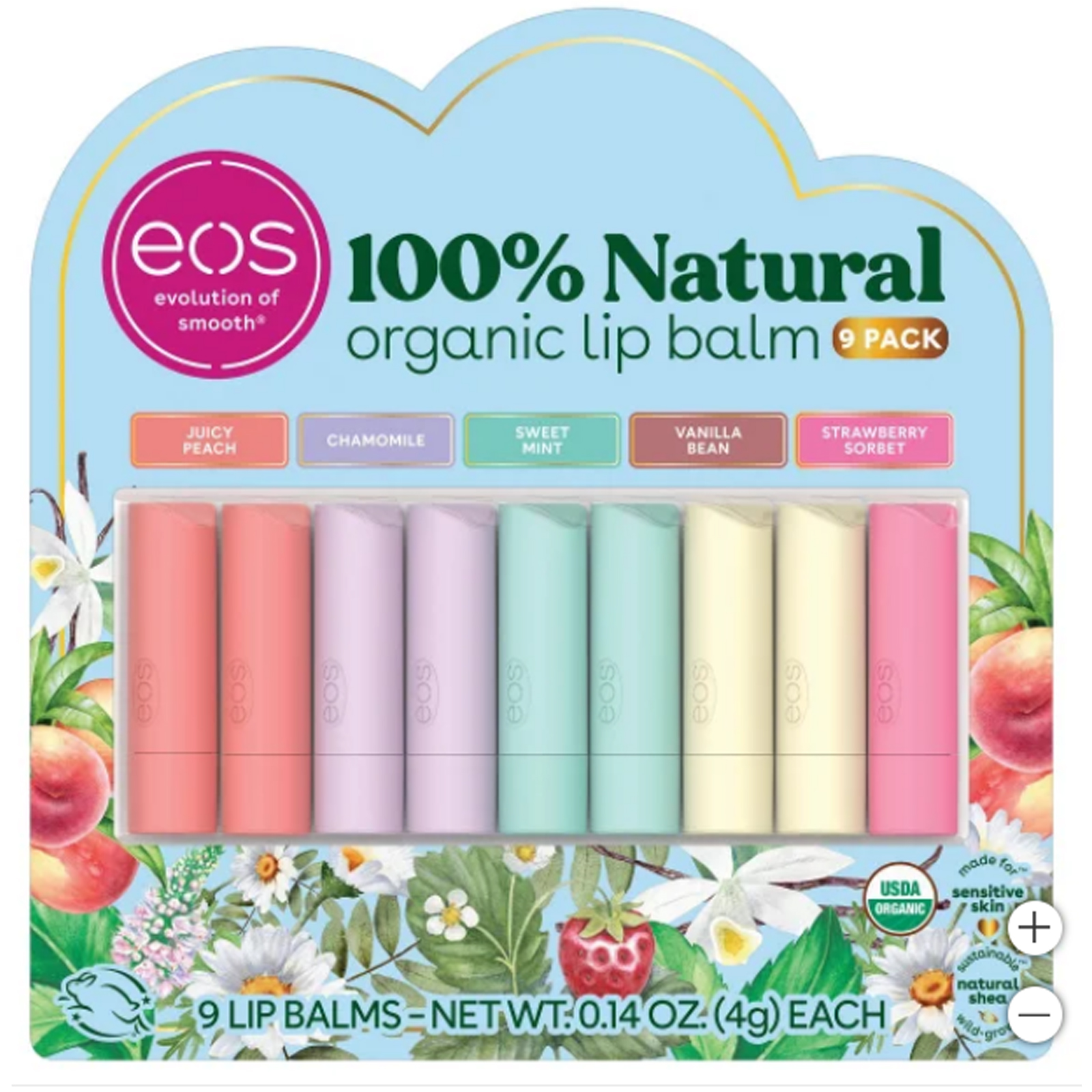  Lip Balm Organic 4 Gm Sensitive - Vanilla Beans/Sweet/Mint/Strawberry Sorbet/Juicy Peach/Chamomile Eos 9 Pcs