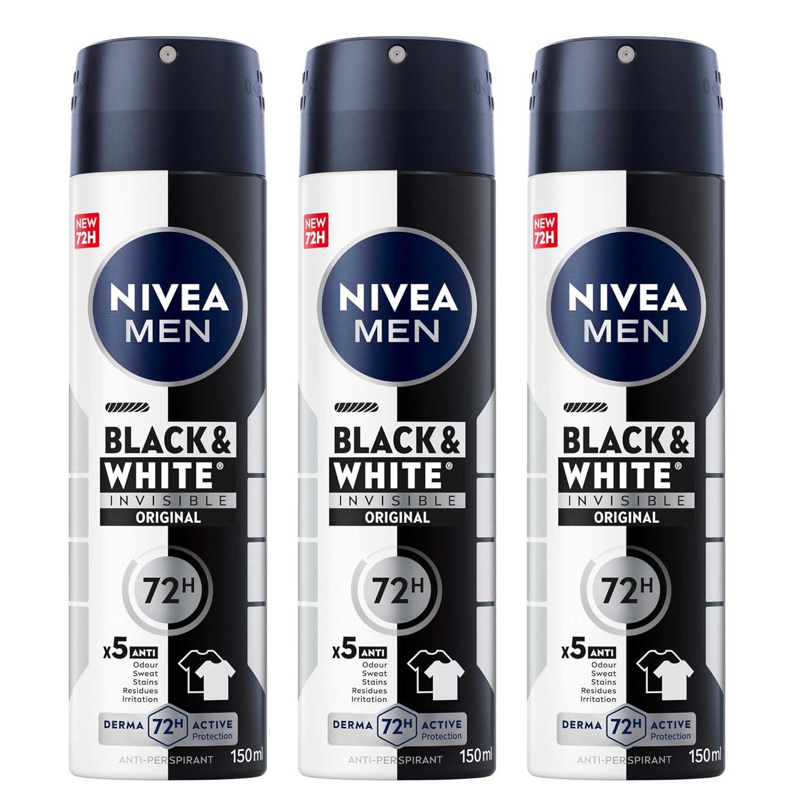 DEODORANT SPRAY ANTIPERS BLK & WHITE INVIS 72 HRS ORIGINAL MEN NIVEA ( 3 X 150 ML )