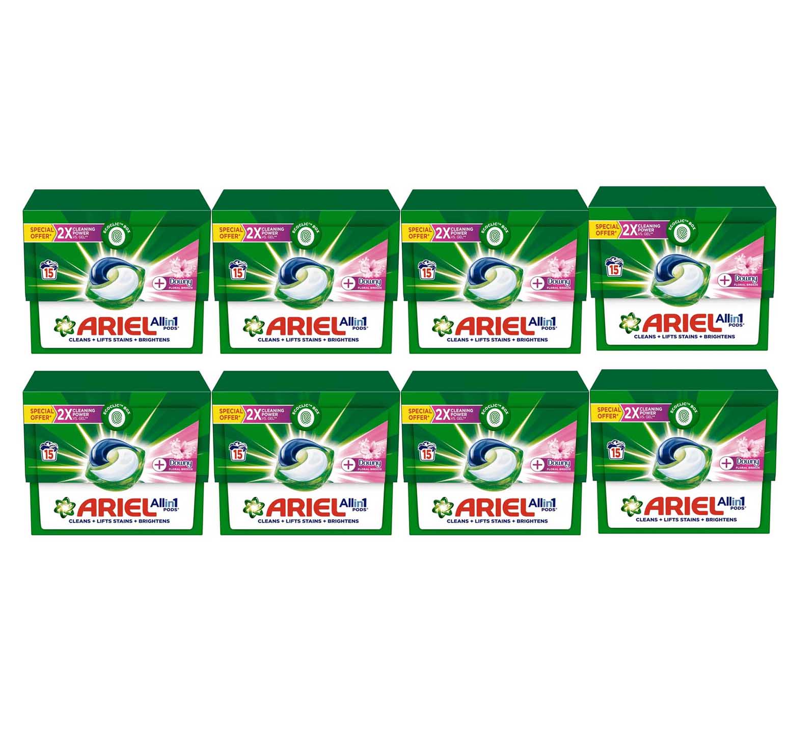 LIQUID DETERGENT CAPSULES 3 IN 1 POD PB DOWNY FLORAL BREEZE ARIEL ( 8 X 15 PODS )