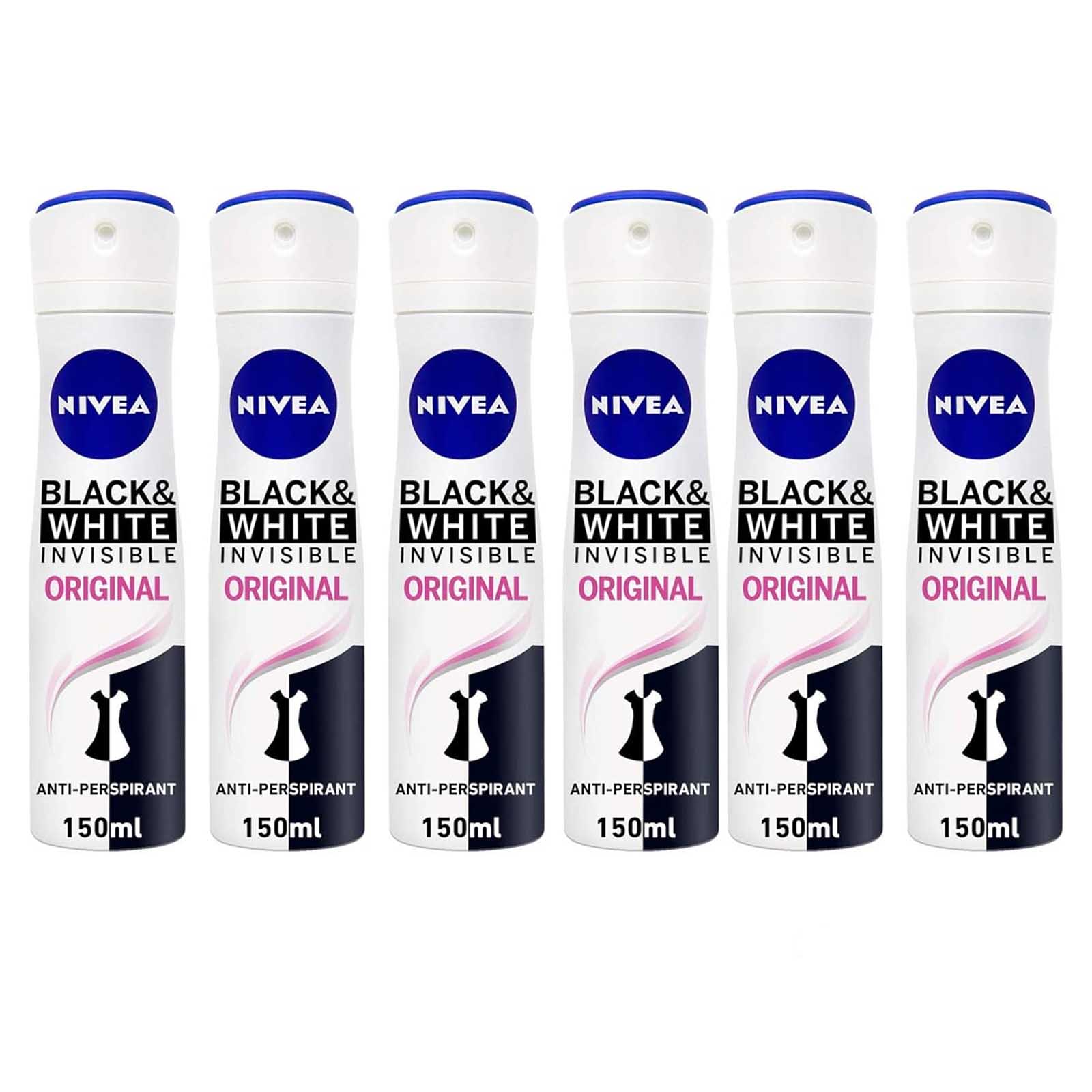 DEODORANT SPRAY ANTIPERS BLK & WHTE INVIS ORIGINAL WOMEN NIVEA ( 6 X 150 ml )