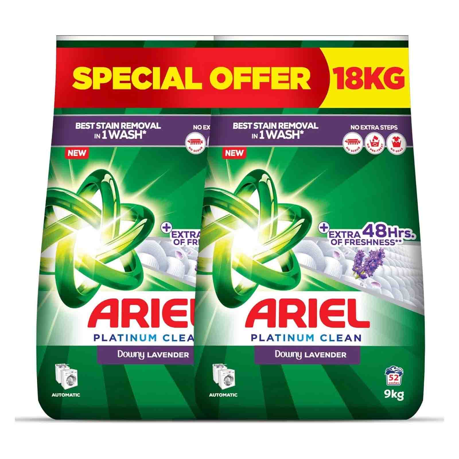 LAUNDRY DETERGENT POWDER AUTOMATIC DOWNY LAVENDER FAST DISSOLVING ARIEL ( 2 X 9 KG )