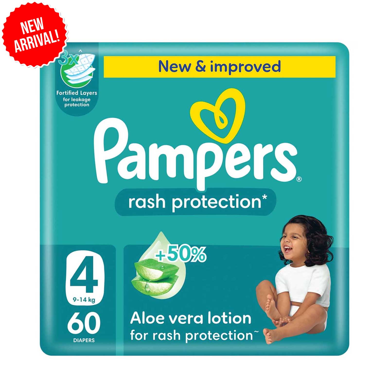 DIAPERS RASH PROTECTION WITH ALOE VERA LOTION & LEAKAGE PROTECTION SIZE 4, 9 - 14 KG, PAMPERS ( 60 PCS )