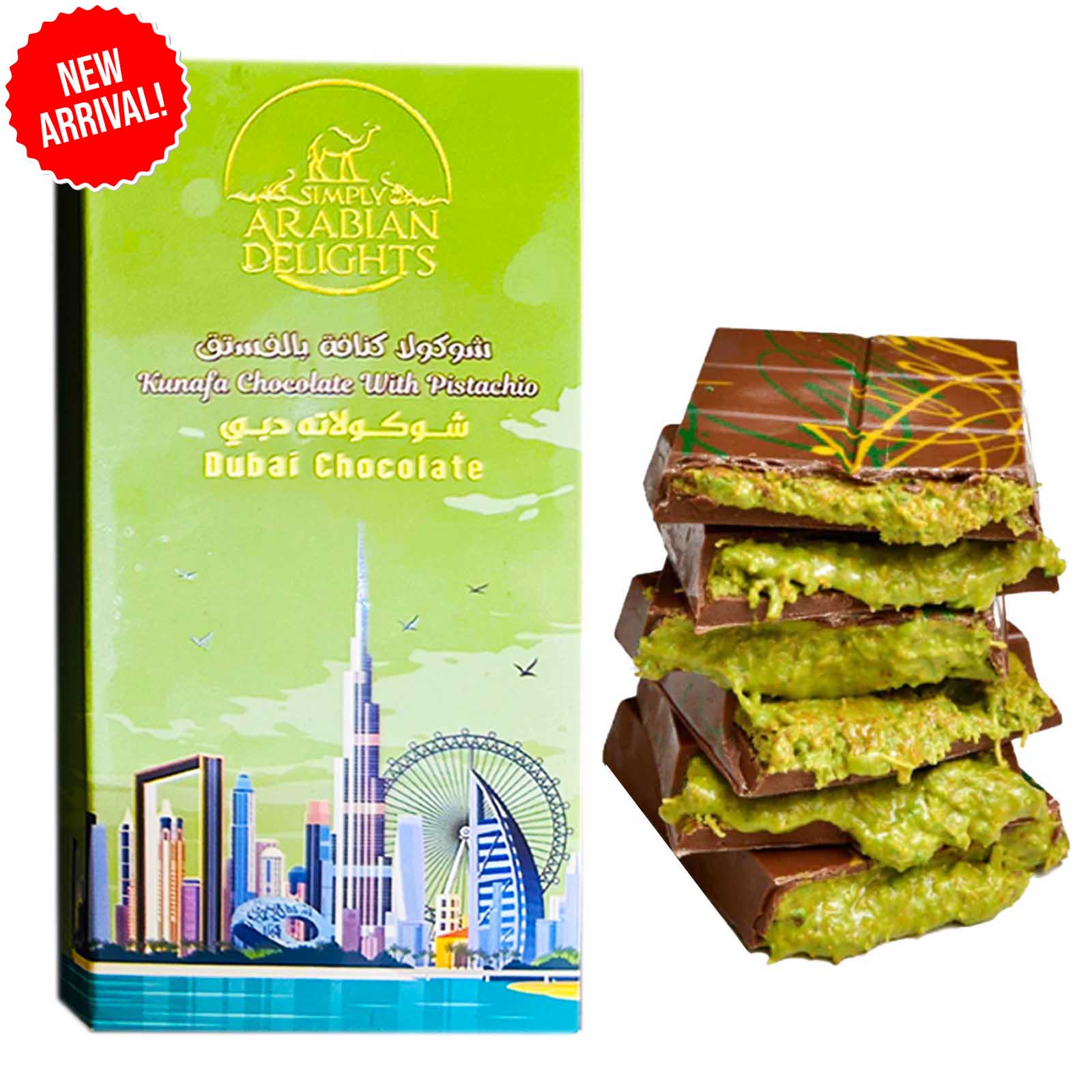 KUNAFA CHOCOLATE WITH PISTACHIO DUBAI CHOCOLATE ARABIAN DELIGHTS ( 200 GM )