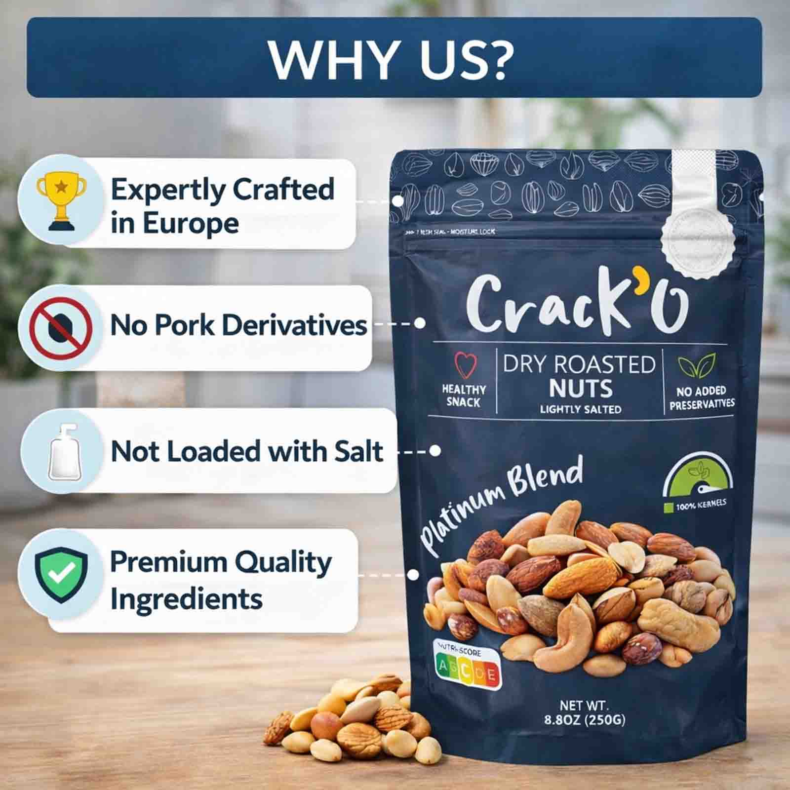 Crack O Platinum Blend Dry Roasted Nuts – Lightly Salted, Premium Mixed Nuts , 250 g