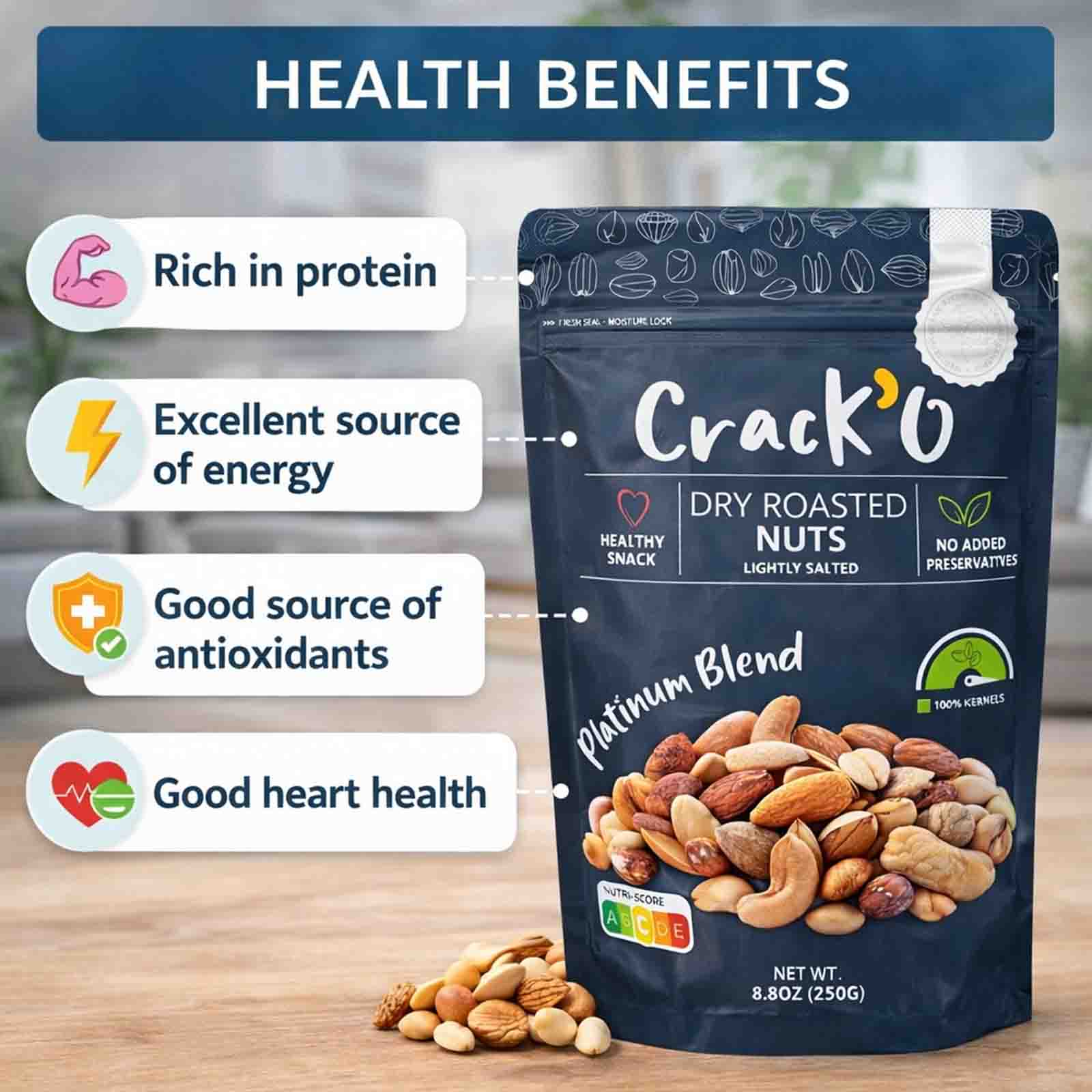 Crack O Platinum Blend Dry Roasted Nuts – Lightly Salted, Premium Mixed Nuts , 2 x 250 g