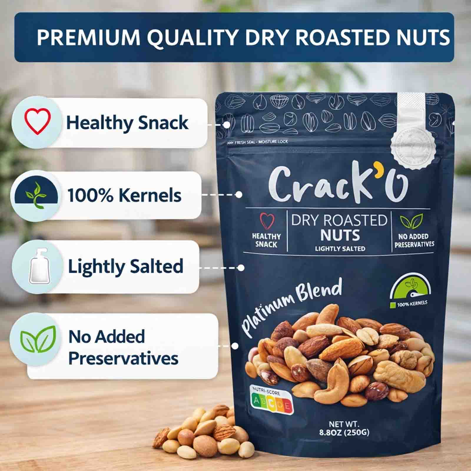 Crack O Platinum Blend Dry Roasted Nuts – Lightly Salted, Premium Mixed Nuts , 2 x 250 g