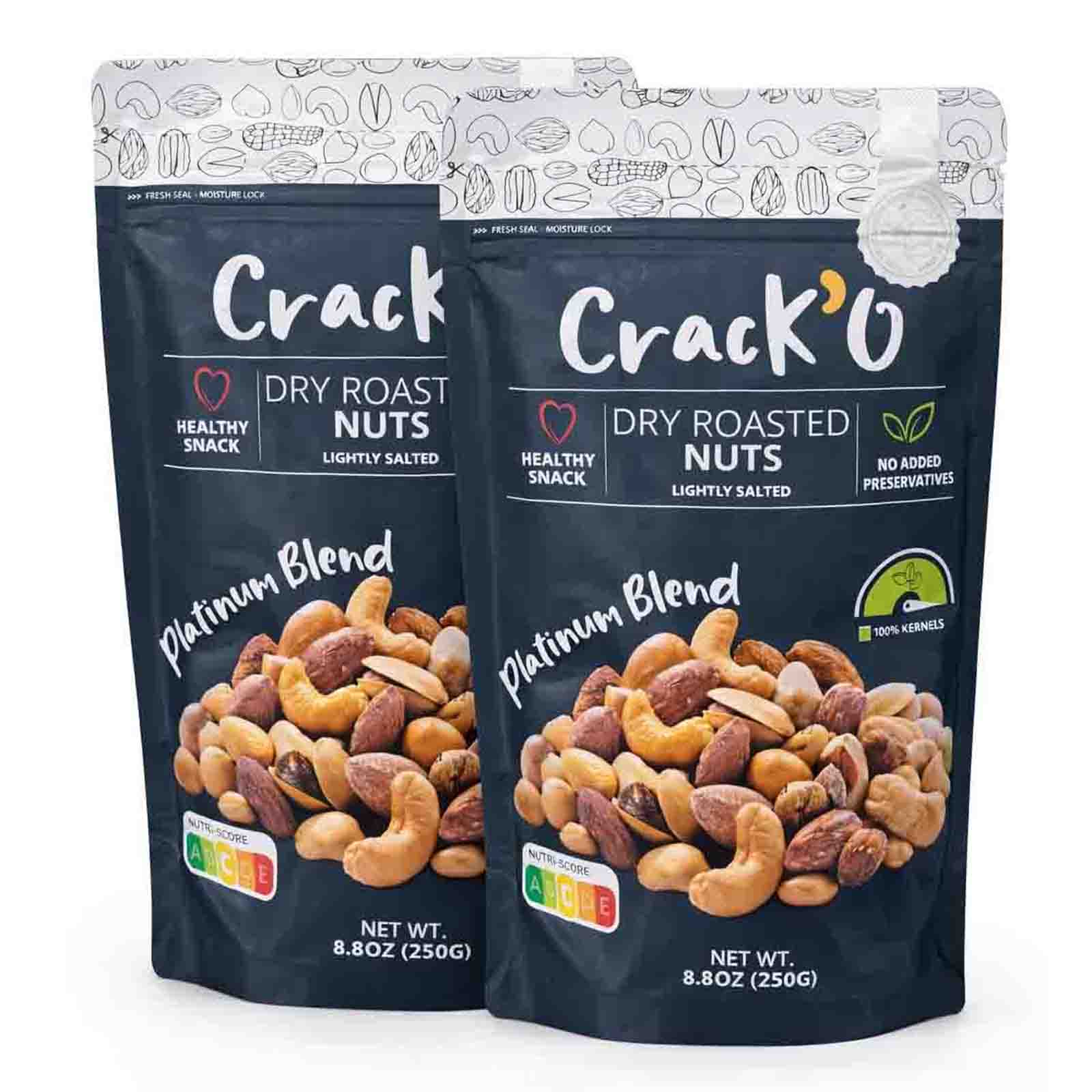 Crack O Platinum Blend Dry Roasted Nuts – Lightly Salted, Premium Mixed Nuts , 2 x 250 g