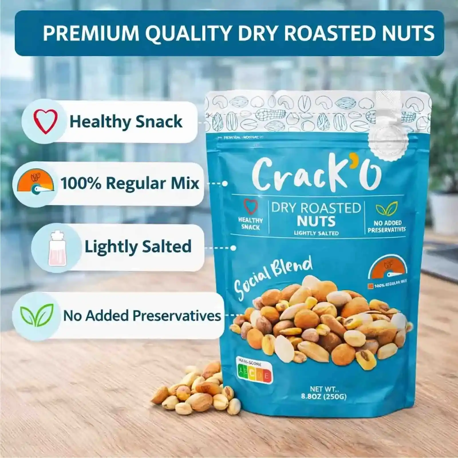 Crack O Social Blend Dry Roasted Nuts – Lightly Salted, Premium Mixed Nuts , 2 x 250 g