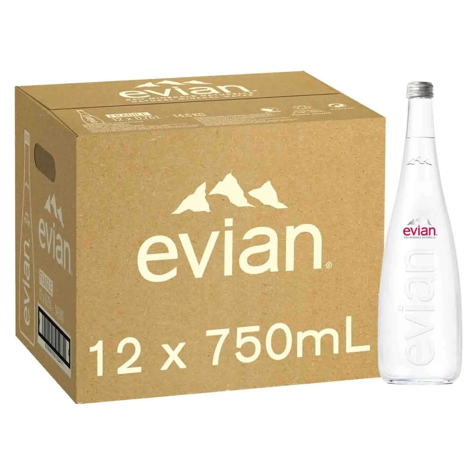 Evian Natural Mineral Water Glass Bottle 12 x 750 ml
