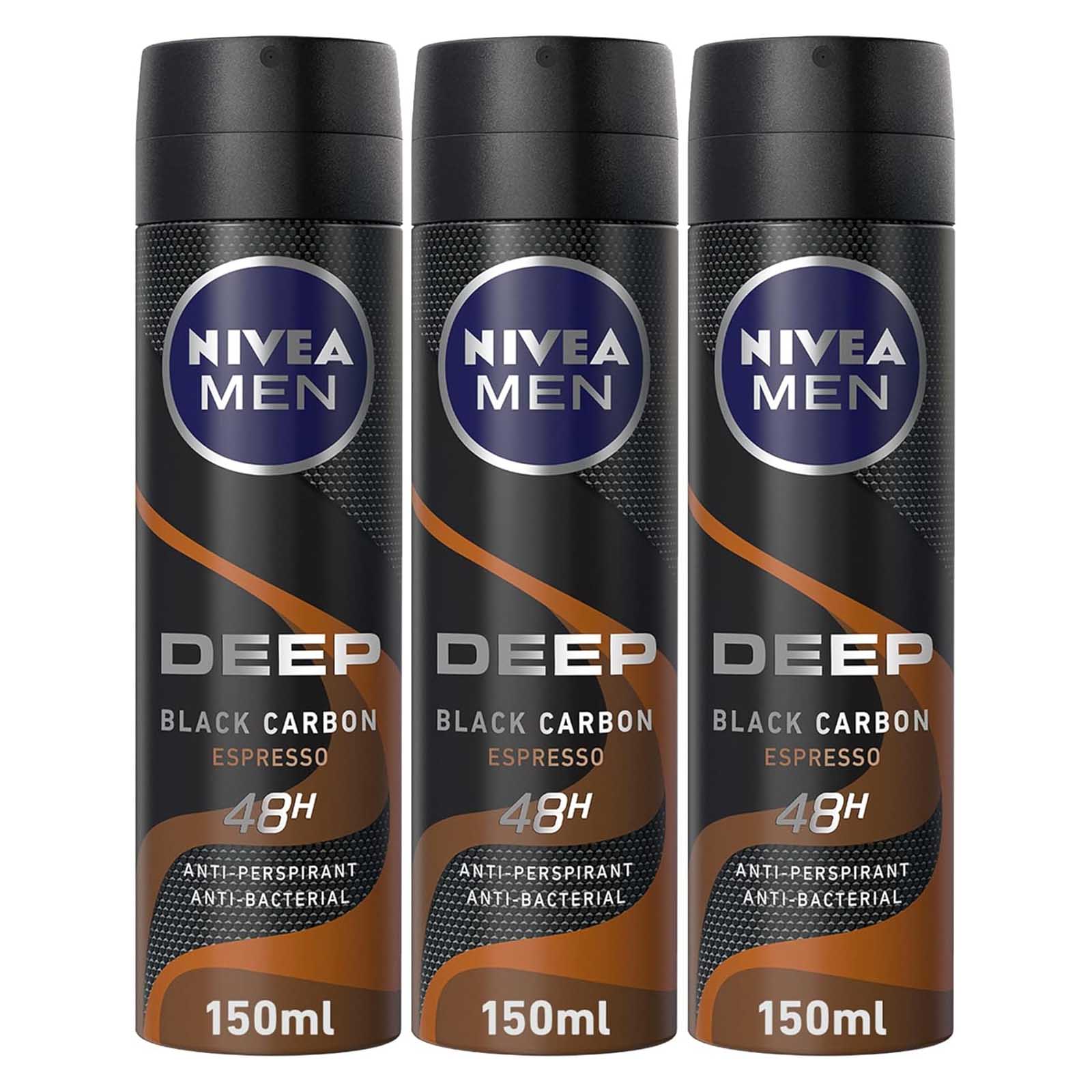 DEODORANT SPRAY ANTIPERS DEEP BLACK CARBON ESPRESSO MEN NIVEA ( 3 X 150 ML )