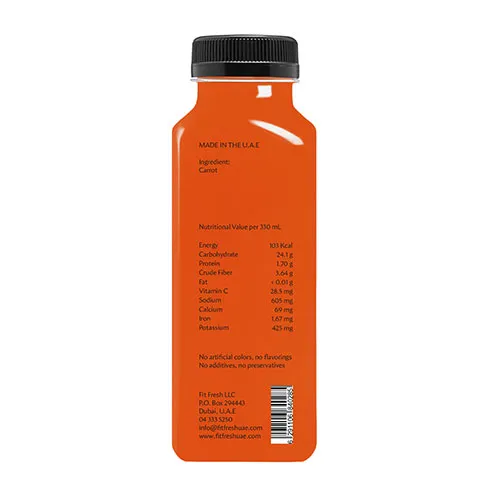 Fit Fresh Carrot Juice 330 ml (Cold-pressed fresh juice, Freshly-squeezed daily, 100% Raw, No Preservatives, No Additives, No Water, No Sugar Added)