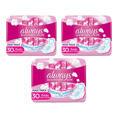 SANITARY  PADS BREATHABLE SOFT MAXI THICK ALWAYS ( 3 X 30 PC )