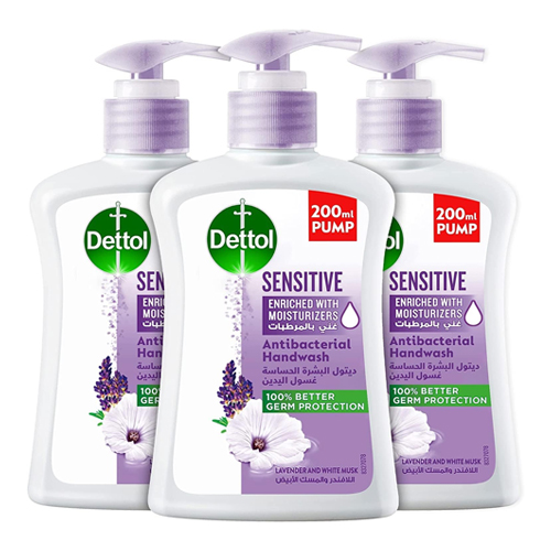 Dettol Sensitive Hand Wash Liquid Soap Pump  Lavender & White Musk Fragrance 3 x 200 ml