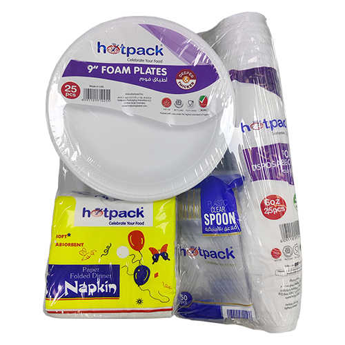  Hotpack disposable foam & plastic combo pack 4 in 1 (9 inch Foam Plates, 25 Pcs plate, 50 Pcs plastic spoons, 25 pcs form cups, 80 napkins)