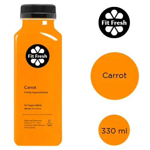 Fit Fresh Carrot Juice 330 ml (Cold-pressed fresh juice, Freshly-squeezed daily, 100% Raw, No Preservatives, No Additives, No Water, No Sugar Added)