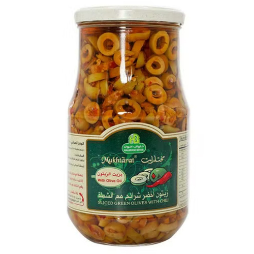 OLIVES GREEN SLICED WITH CHILLY MUKHTARAT ( 650 GM )