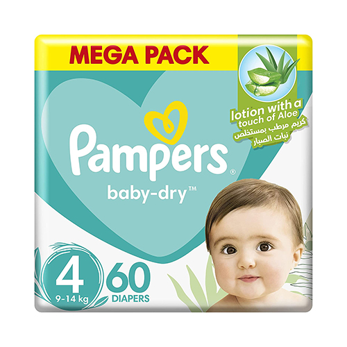 DIAPERS BABY DRY WITH ALOE VERA LOTION & LEAKAGE PROTECTION SIZE 4, 9 - 14 KG, PAMPERS ( 60 PCS ) 