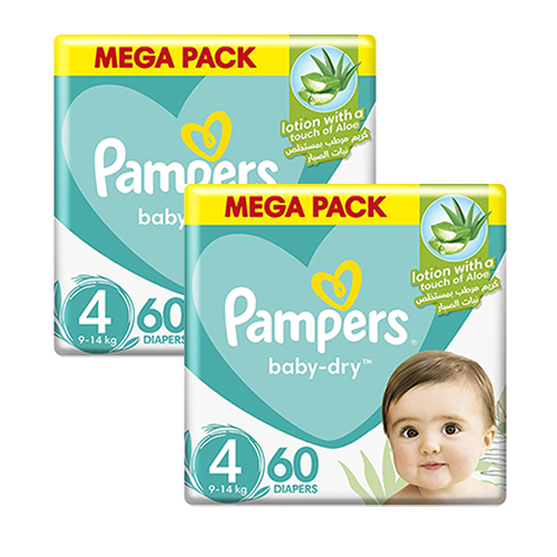 DIAPERS BABY DRY WITH ALOE VERA LOTION & LEAKAGE PROTECTION SIZE 4, 9 - 14 KG, PAMPERS ( 2 X 60 PCS ) 