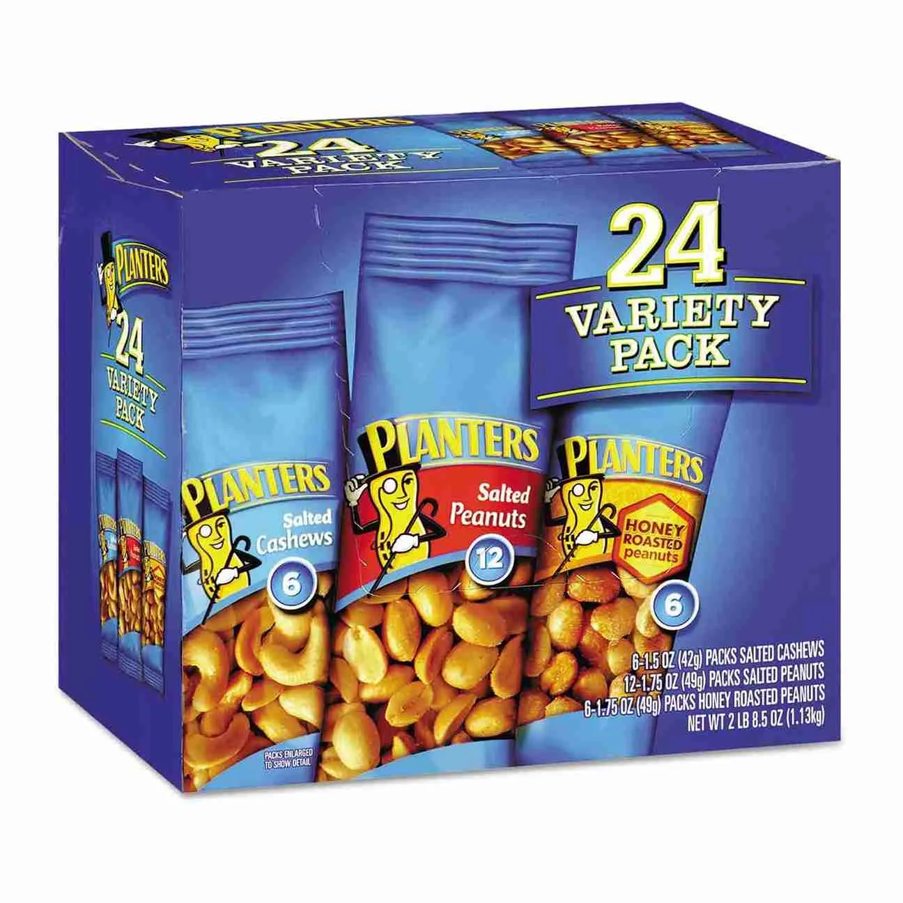Planters Snack Variety Pack Peanuts & Cashews 24 Pcs ( Honey Roasted Peanuts - 6 , Salted Peanuts - 12 , Salted Cashews - 6 ) 1.13 Kg