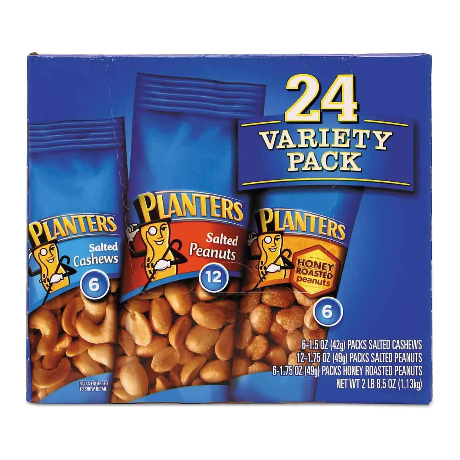 Planters Snack Variety Pack Peanuts & Cashews 24 Pcs ( Honey Roasted Peanuts - 6 , Salted Peanuts - 12 , Salted Cashews - 6 ) 1.13 Kg