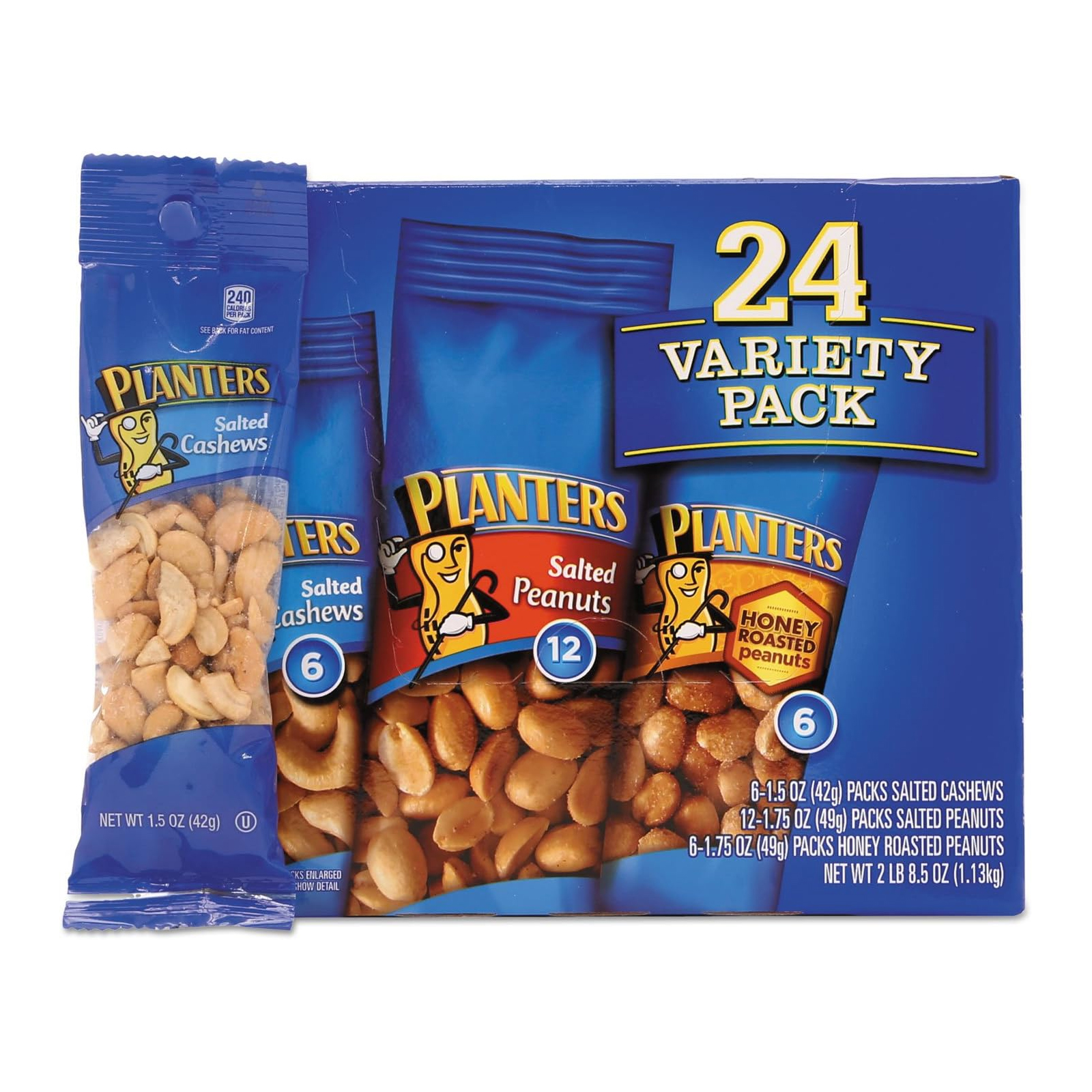  Planters Snack Variety Pack Peanuts & Cashews 24 Pcs ( Honey Roasted Peanuts - 6 , Salted Peanuts - 12 , Salted Cashews - 6 ) 