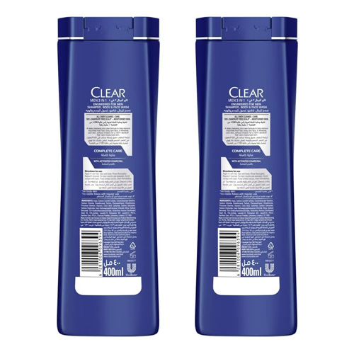  Mens Clear 3 in 1 Shampoo with Activated Charcoal 2 x 400 Ml