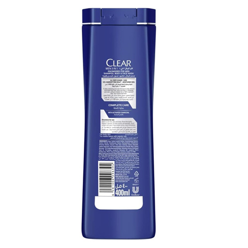  Mens Clear 3 in 1 Shampoo with Activated Charcoal 400 Ml