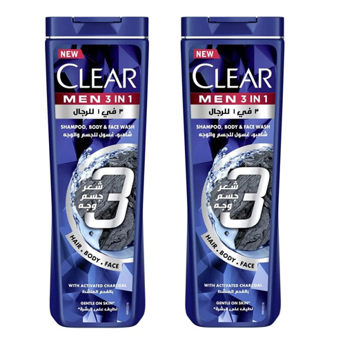 Mens Clear 3 in 1 Shampoo with Activated Charcoal 2 x 400 Ml