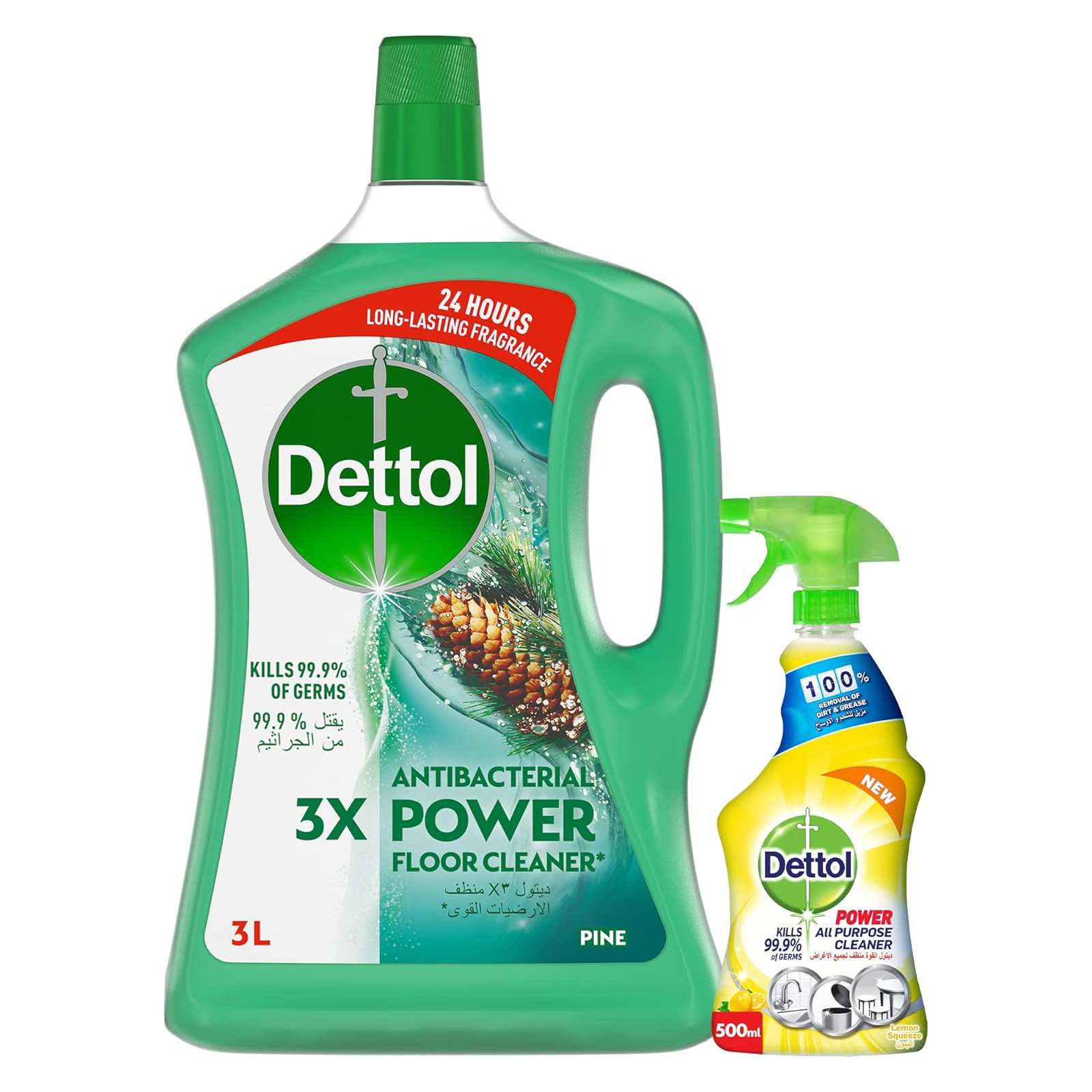 FLOOR CLEANER ANTIBACTERIAL POWER 3X PINE + ALL PURPOSE LEMON TRIGGER DETTOL ( 3 LTR + 500 ML )