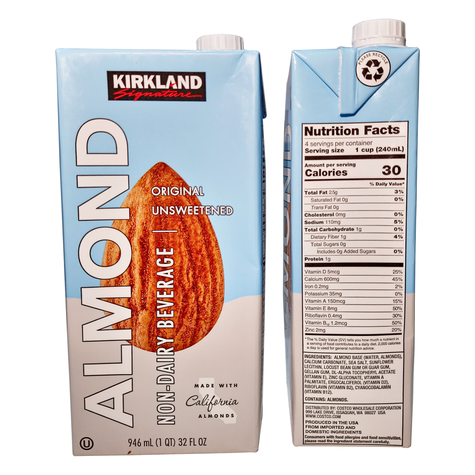  Kirkland Signature Non Diary Unsweetened Almond Milk 946 Ml