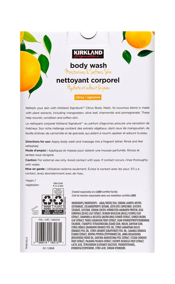  Body Wash Nettoya Corporel Citrus & Argumes Natural Kirkland Signature 2 x 800 Ml