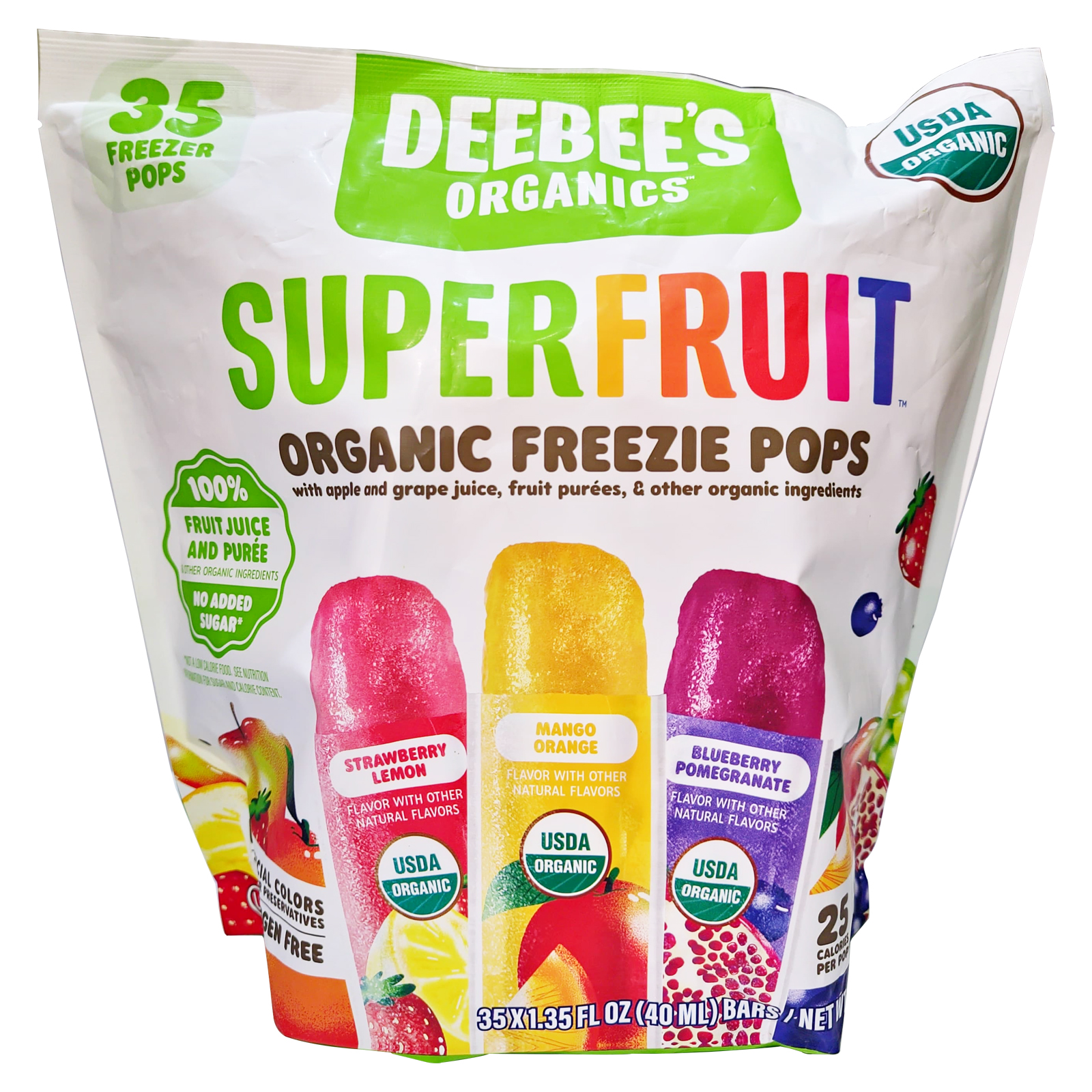 FREEZIE POPS ORGANIC ( STRAWBERRY LEMON,MANGO,ORANGE,BLUEBERRY POMEGRANATE ) SUPERFRUIT DEEBEES ORGANICS ( 35 X 40 ml )