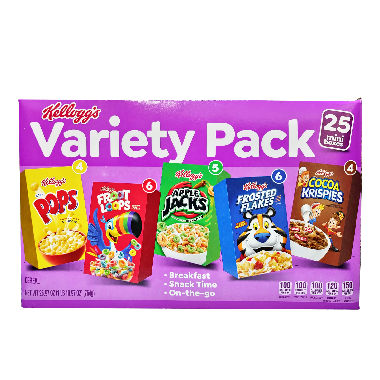 CEREALS VARIETY PACK 25 PCS ( CORN POPS-4,FROOT LOOPS-6,APPLE JACKS-5,FROSTED FLAKES-6,COCOA CRISPIES-4) KELLOGGS ( 764 gm )