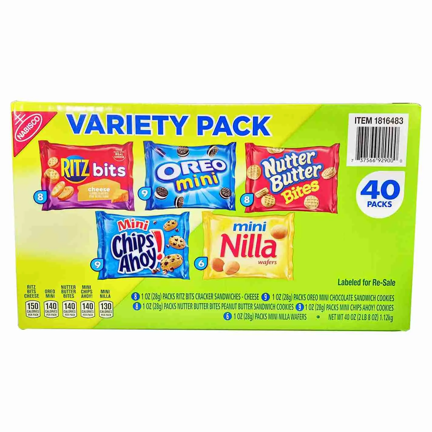 Nabisco Snack Variety Pack Ritz Bits Cheese - 8 , Oreo Mini - 9 , Nutter Butter Bites - 8 , chips Ahoy Mini - 9 , Nilla Wafers Mini -6 , 40 Pcs