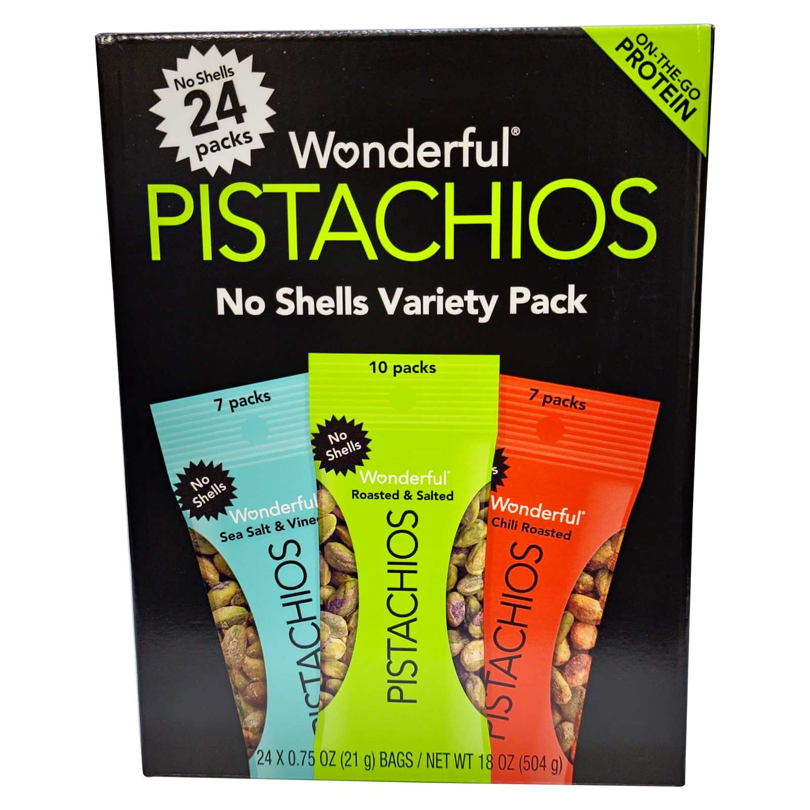 VARIETY PACK PISTACHIOS NO SHELLS ( SEA SALT & VINEGAR  - 7,ROASTED & SALTED - 10,CHILI ROASTED - 7 )  WONDERFUL ( 24 X 21 gm )