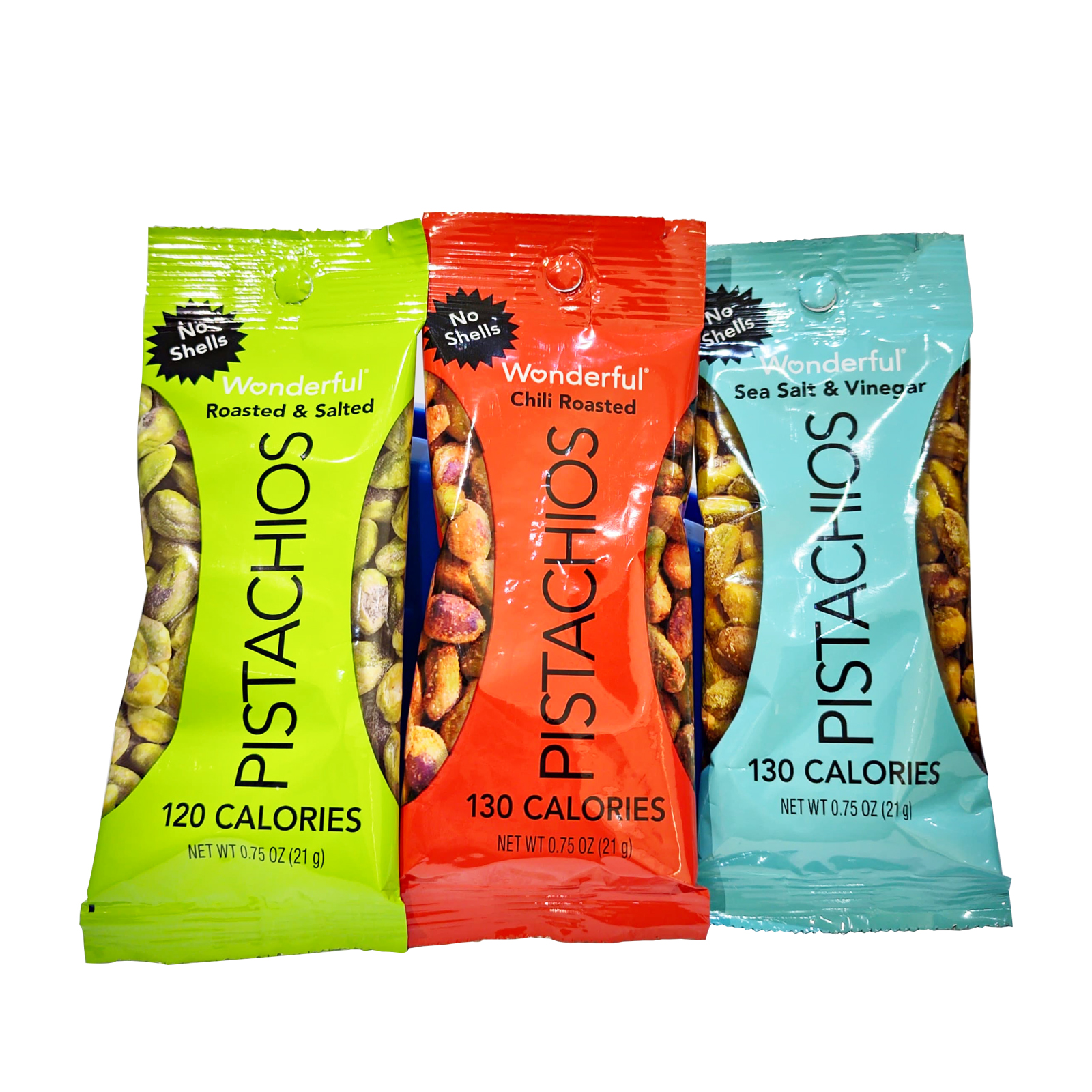  Wonderful Pistachios No shells Variety Pack, Sea Salt & Vinegar - 7 , Roasted & Salted - 10 , Chilli Roasted - 7, 24 x 21 Gm