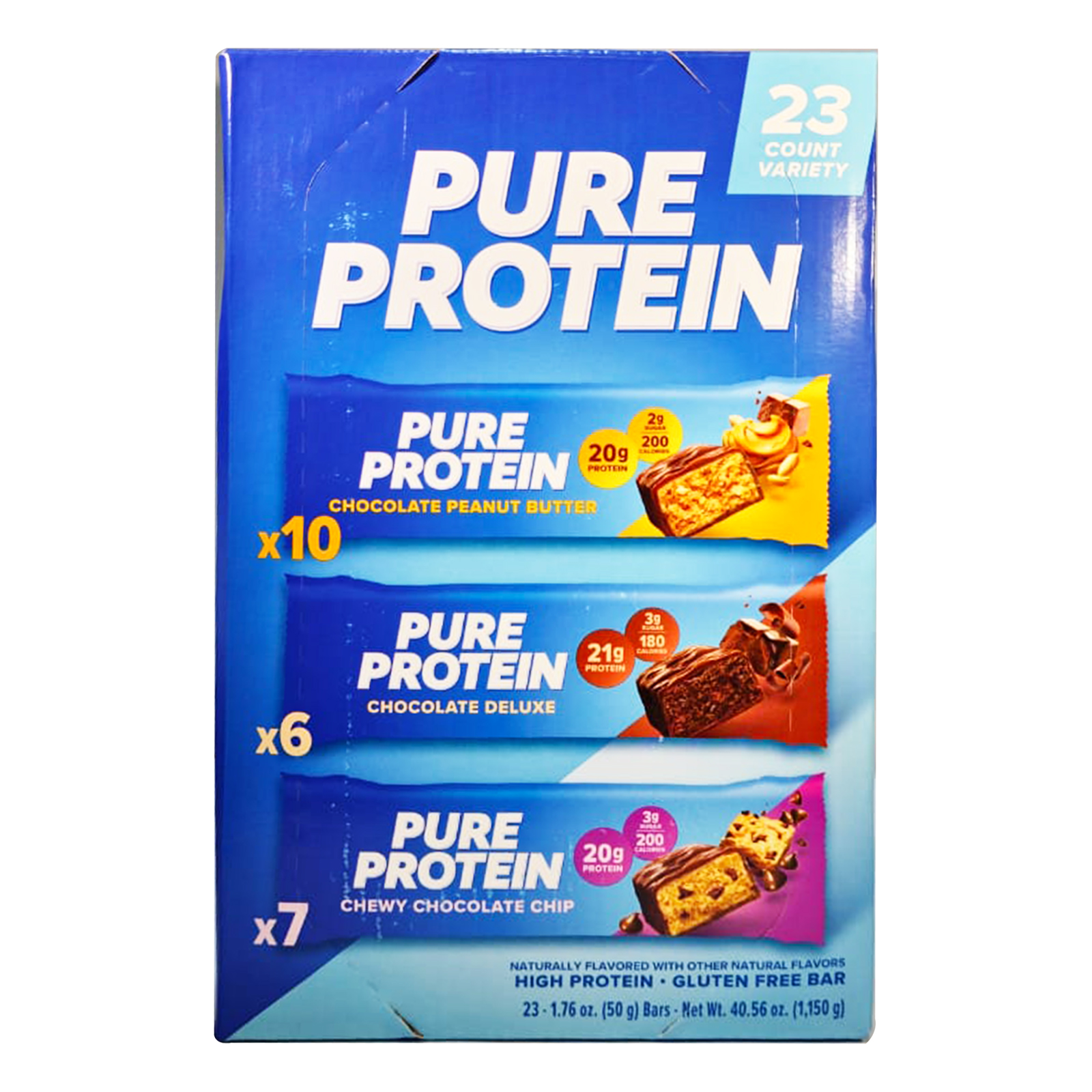 PROTEIN BARS VARIETY 23 PACKS ( CHOC PEANUT BUTTER - 10 , CHOC DELUX - 6, CHEWY CHOC CHIP - 7 ) PURE PROTEIN ( 1.15 KG )