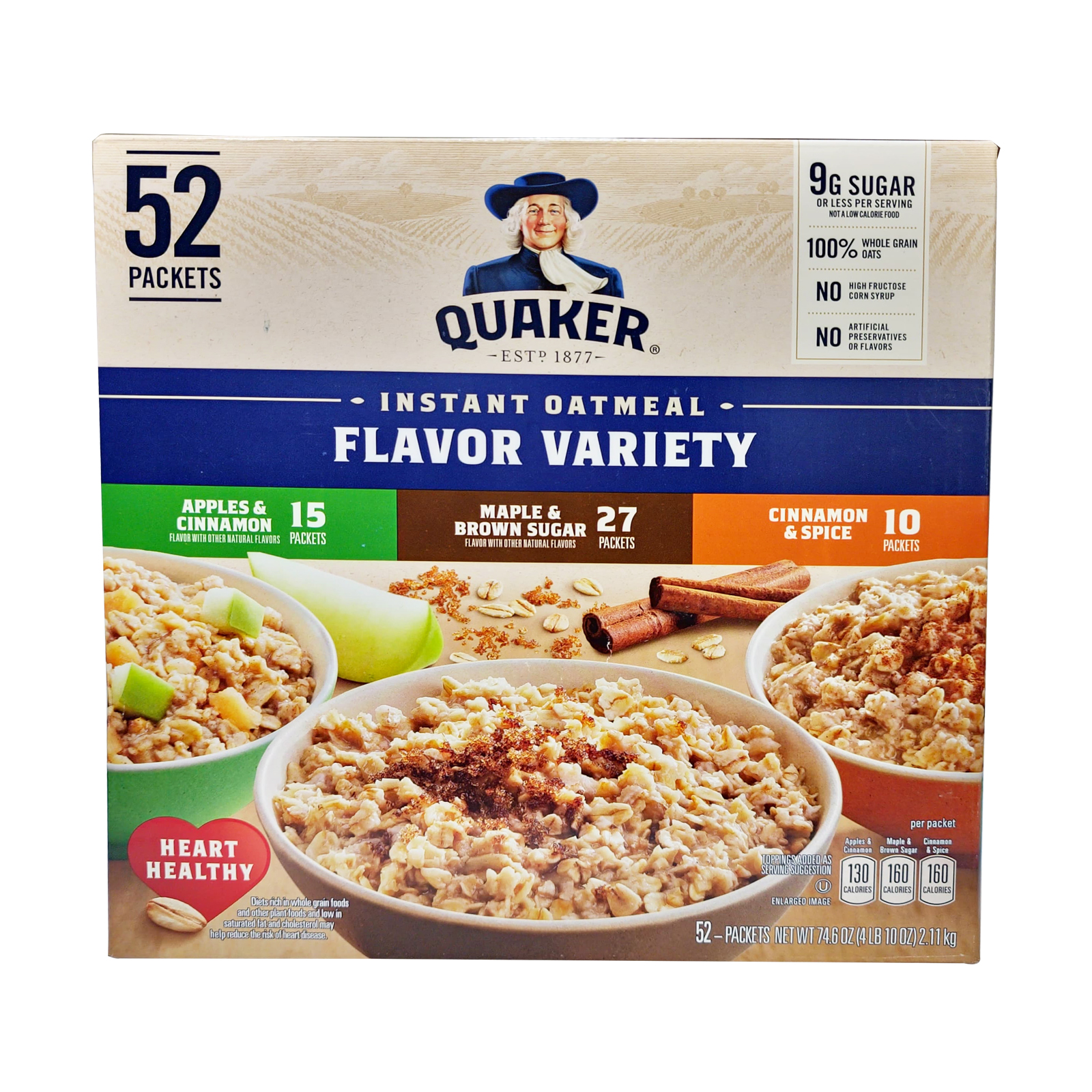 OATMEAL INSTANT FLAVOUR VARIETY ( MAPLE & BROWN SUGAR - 27,APPLE & CINNAMON - 15, CINNAMON & SPICES - 10 ) QUAKER ( 52 X 41 GM )