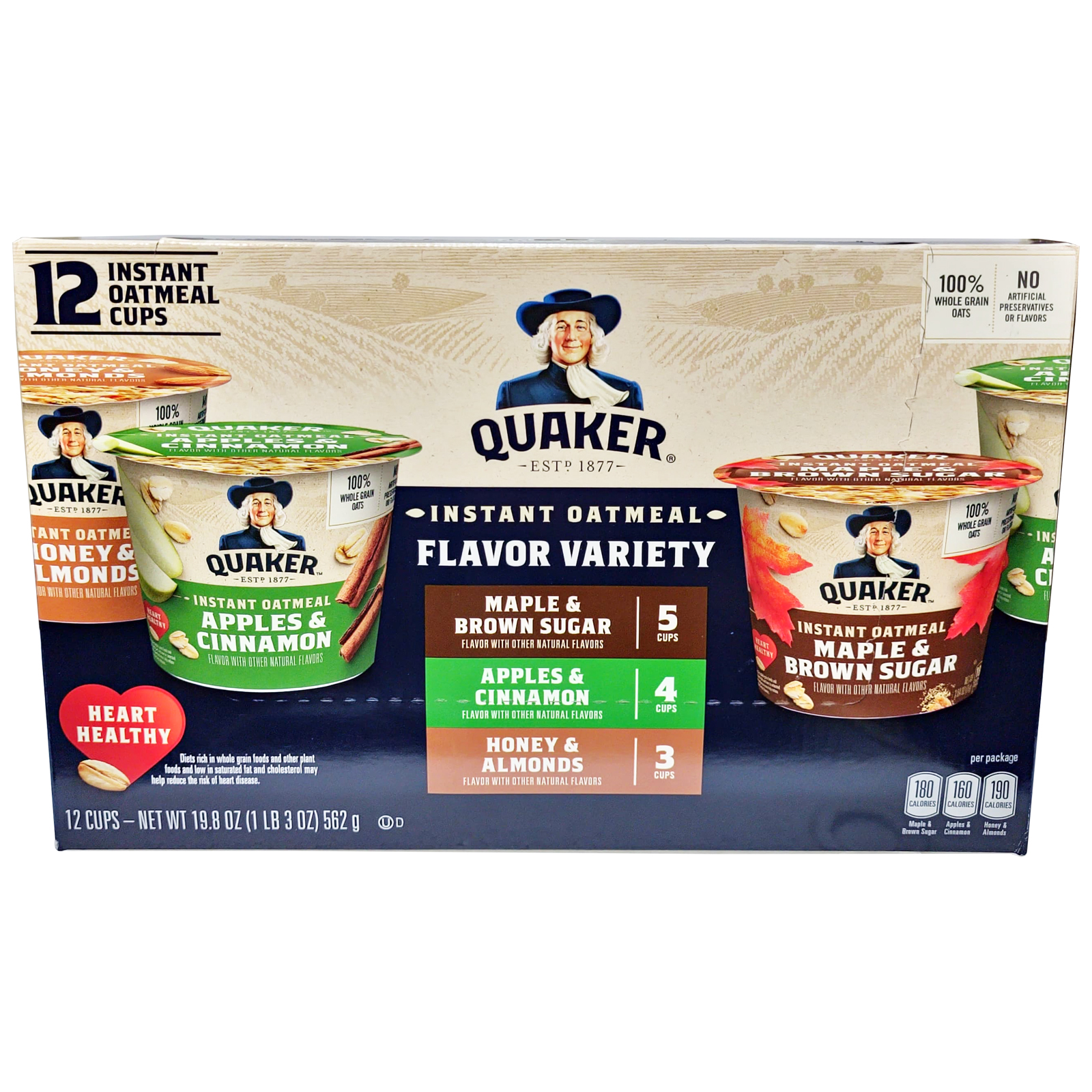 OATMEAL INSTAND FLAVOUR VARIETY ( 12 CUPS - MAPLE &  BROWN SUGAR - 5, APPLE & CINNAMON - 4 , HONEY & ALMOND - 3 ) QUAKER ( 12 X 19.8 OZ )