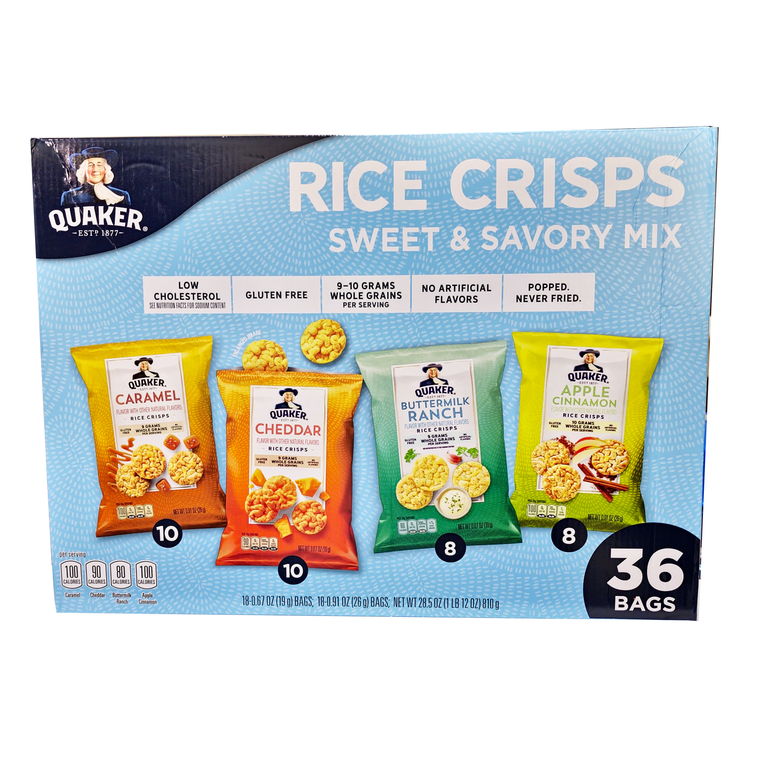 RICE CRISPS SWEET & SAVORY MIX 36 PCS ( CARAMEL-10,CHEDDAR-10,BUTTERMILK RANCH-8,APPLE CINNAMON-8) QUAKER ( 810 GM )