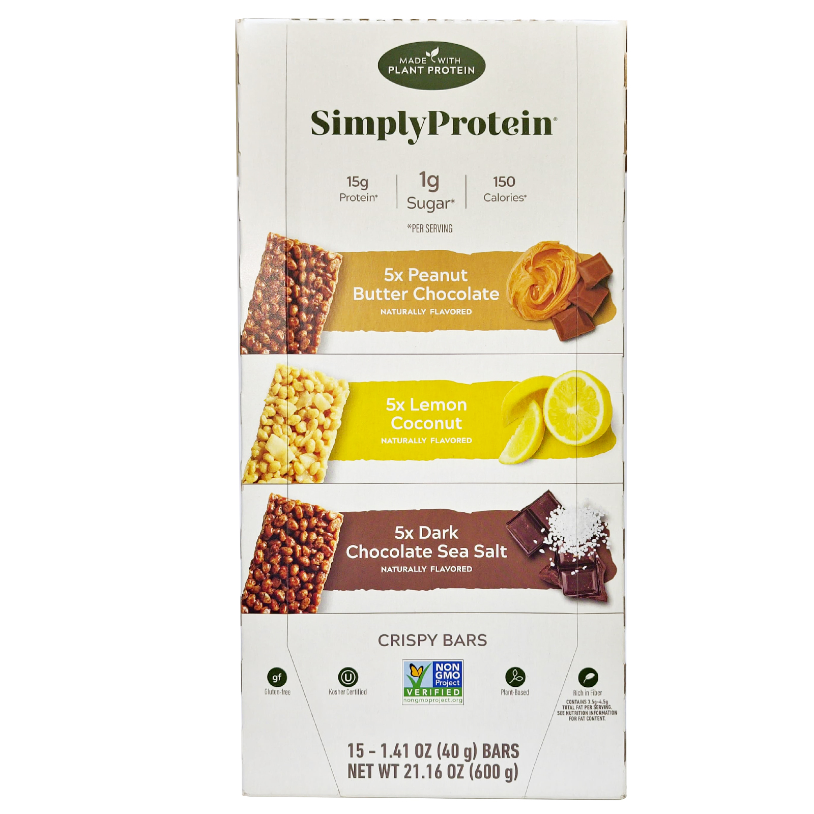 PROTEIN BARS 3 VARIETY PACK ( PEANUT BUTTER CHOCOLATE - 5,LEMON COCONUT - 5,DARK CHOC SEA SALT - 5 ) SIMPLY PROTEIN ( 15 X 40 GM )